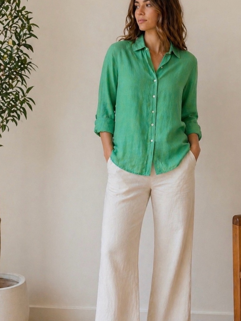 100% Linen Green Button-Front Tunic Shirt